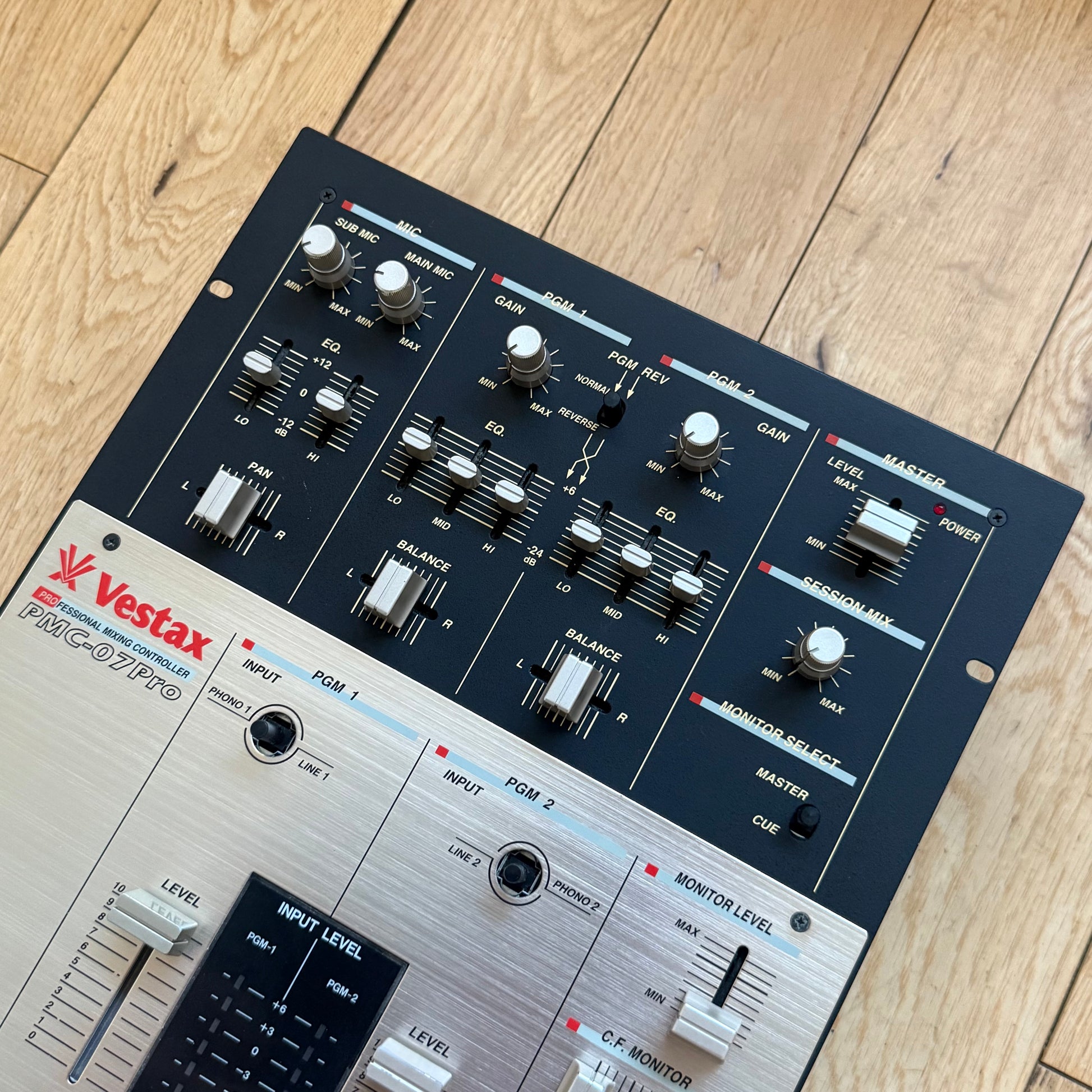 Close up of the EQ panel on a serviced Vestax PMC-07 Pro.