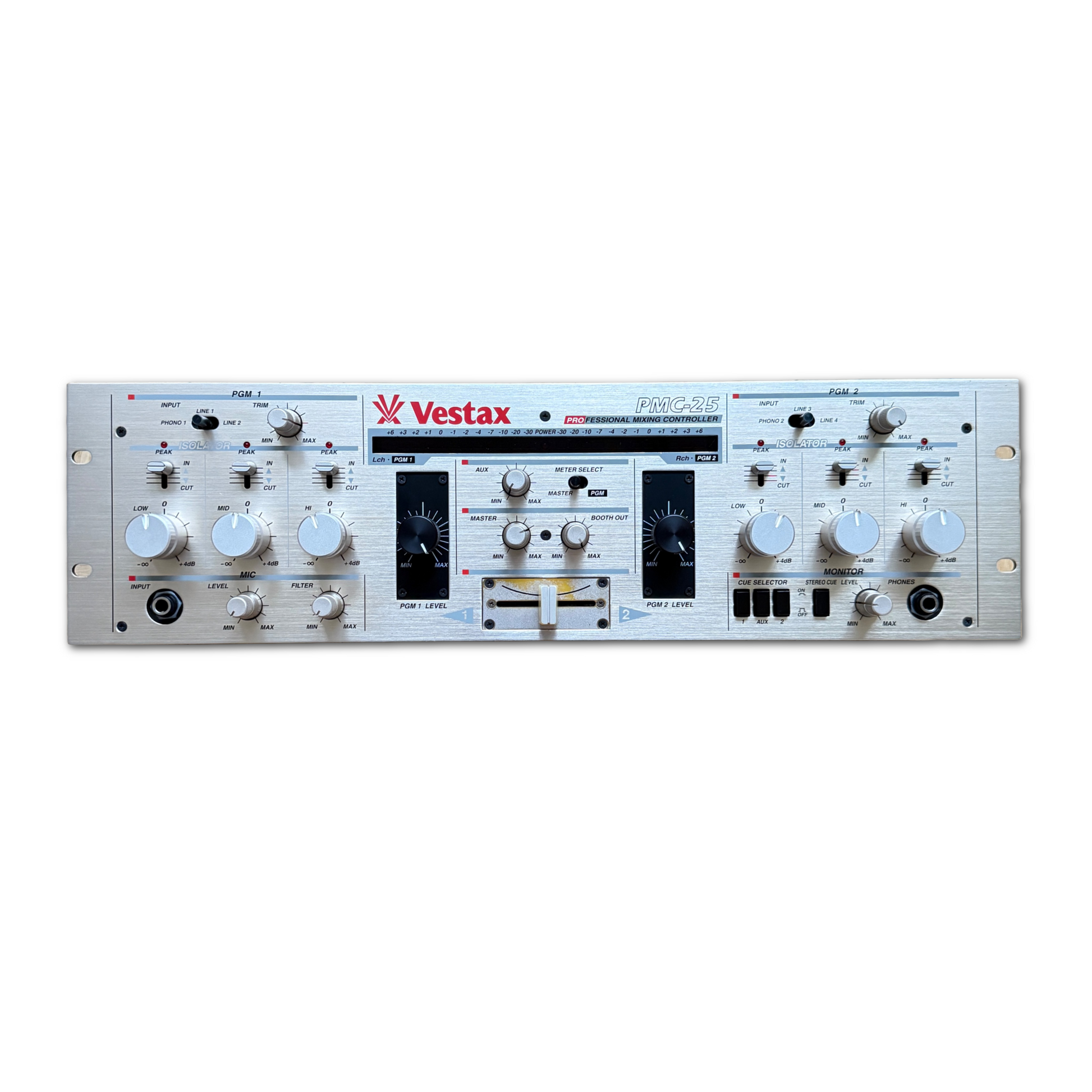 Top view of a Vestax PMC-25 with MixerRemix rotary kit installed.