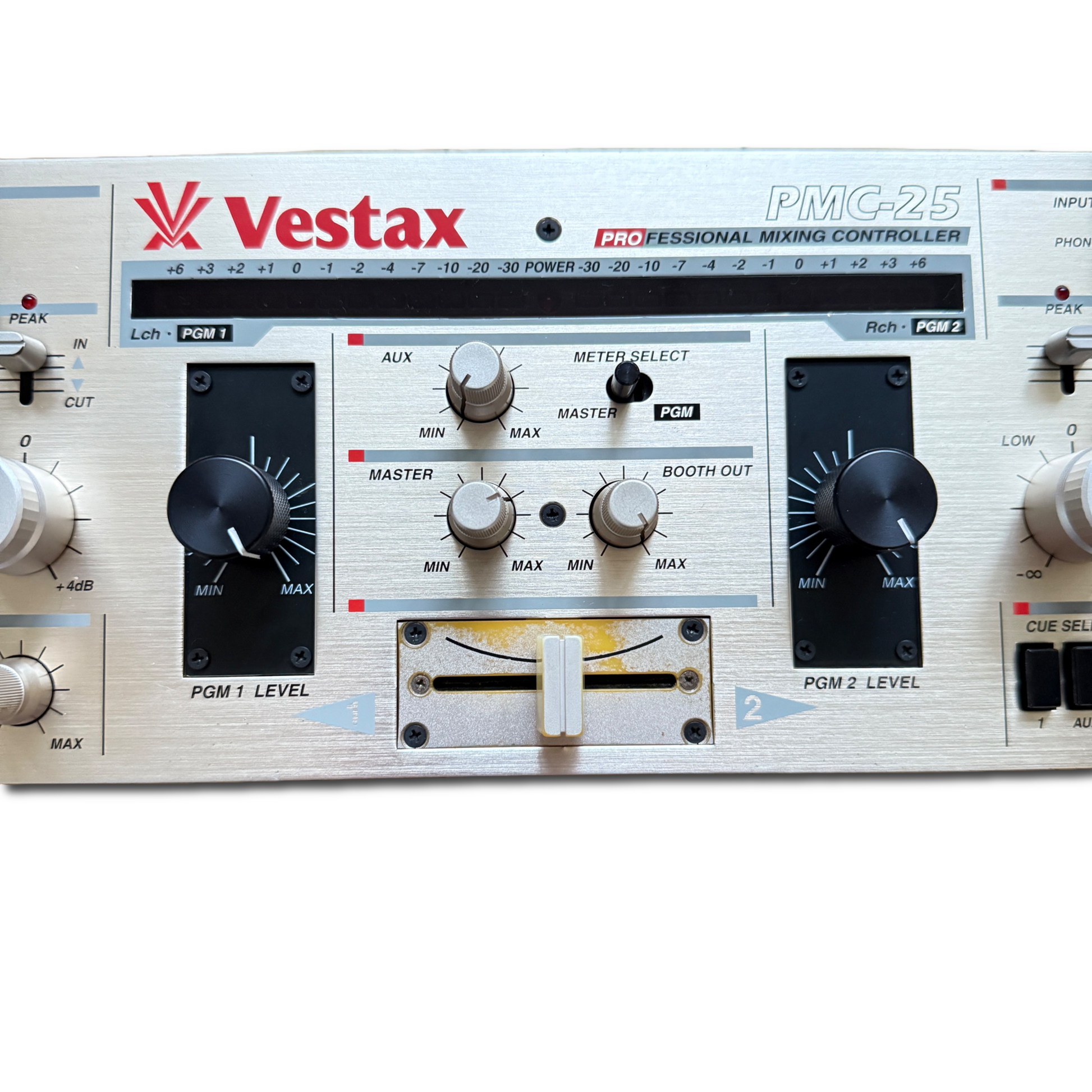 Closeup view of a Vestax PMC-25 with MixerRemix rotary kit installed.