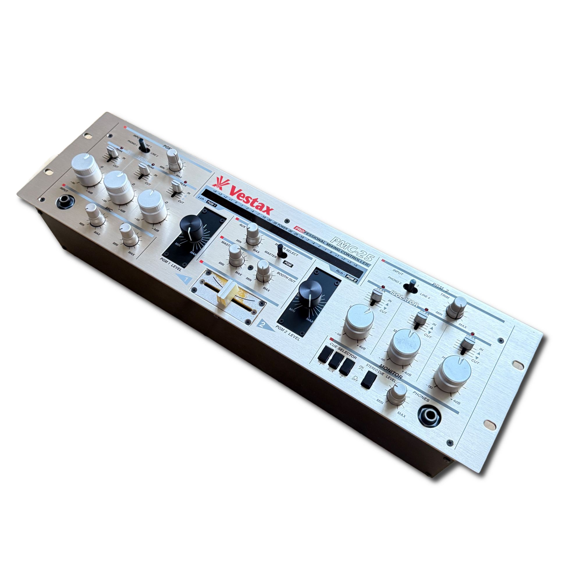 Isometric view of a Vestax PMC-25 with MixerRemix rotary kit installed.